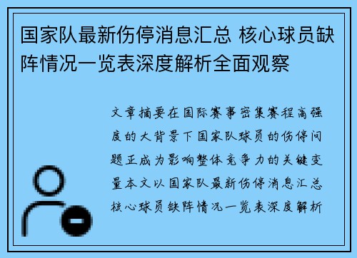 国家队最新伤停消息汇总 核心球员缺阵情况一览表深度解析全面观察